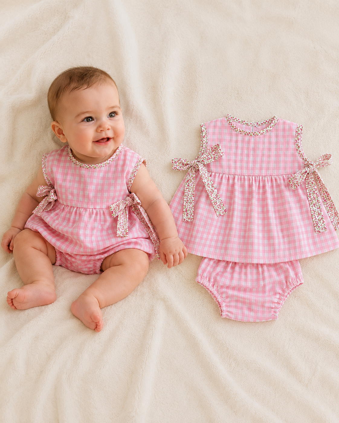 Conjunto rosa para bebé con estampado vichy confeccionado artesanalmente